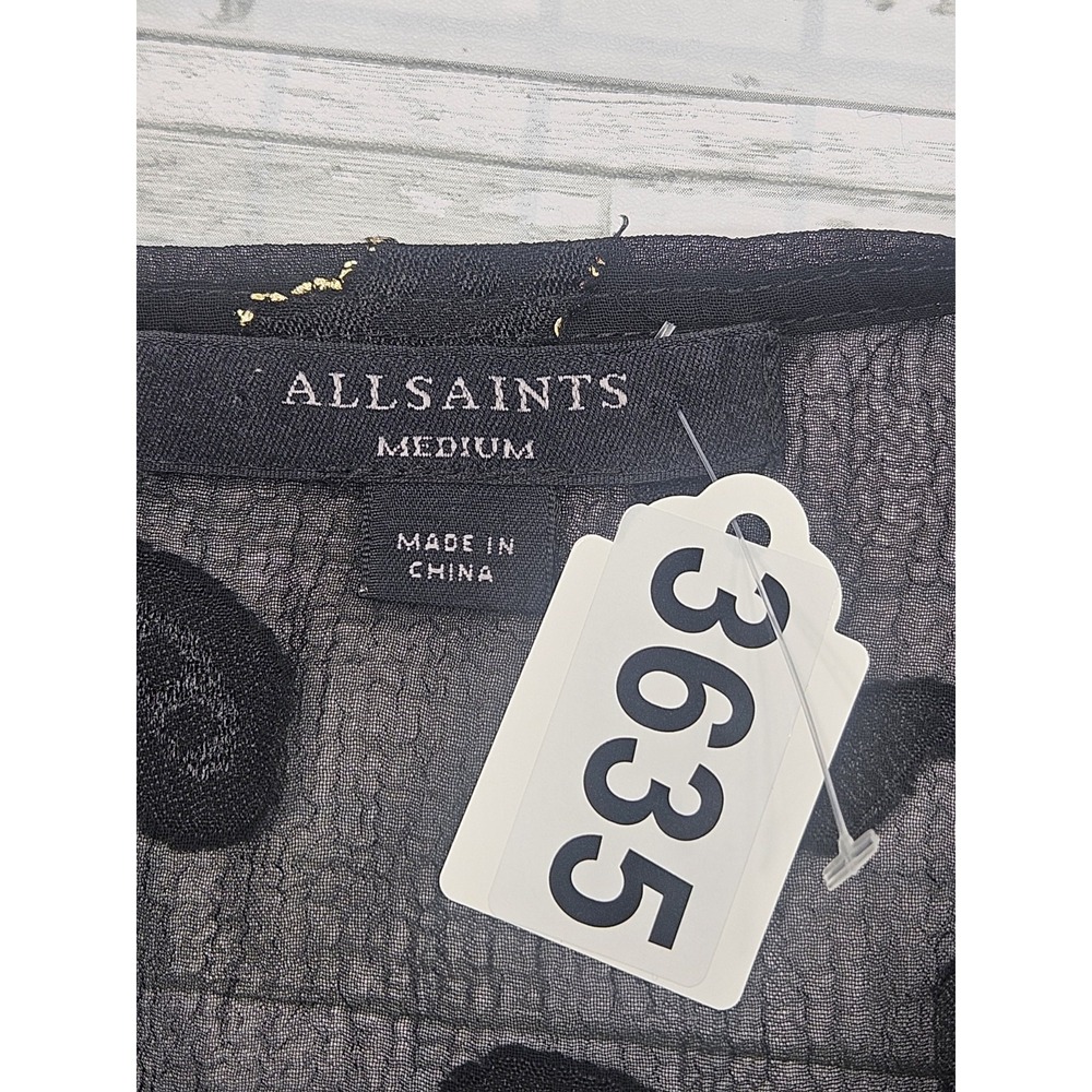 Allsaints Alia Flora Dress Black Sheer Overlay Gold Floral Patterns Women M - Picture 7 of 9